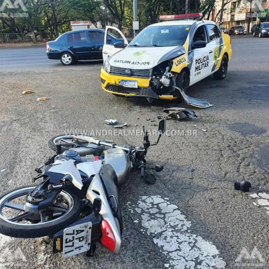 Motociclista realiza manobras perigosas e acaba se envolvendo em acidente com viatura da PM