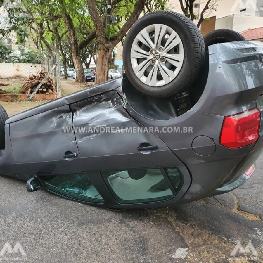 Motorista de Cuiabá invade preferencial e capota veículo em Maringá