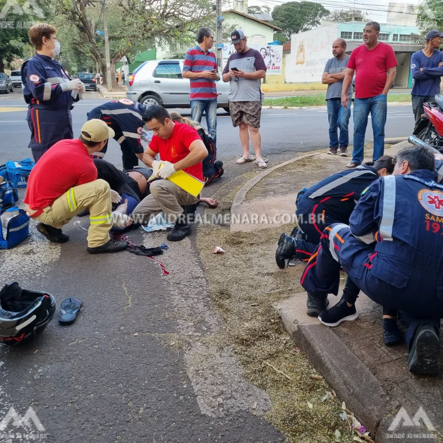 Casal fica gravemente ferido ao sofrer acidente de moto no Jardim Alvorada em Maringá.