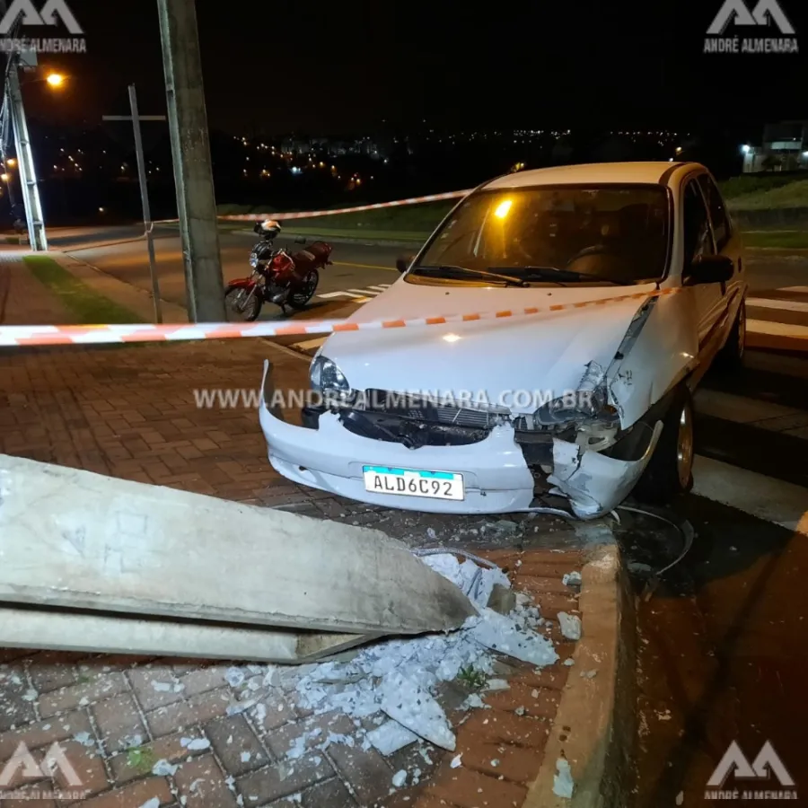Motorista fica ferido ao bater veículo contra poste em Maringá.