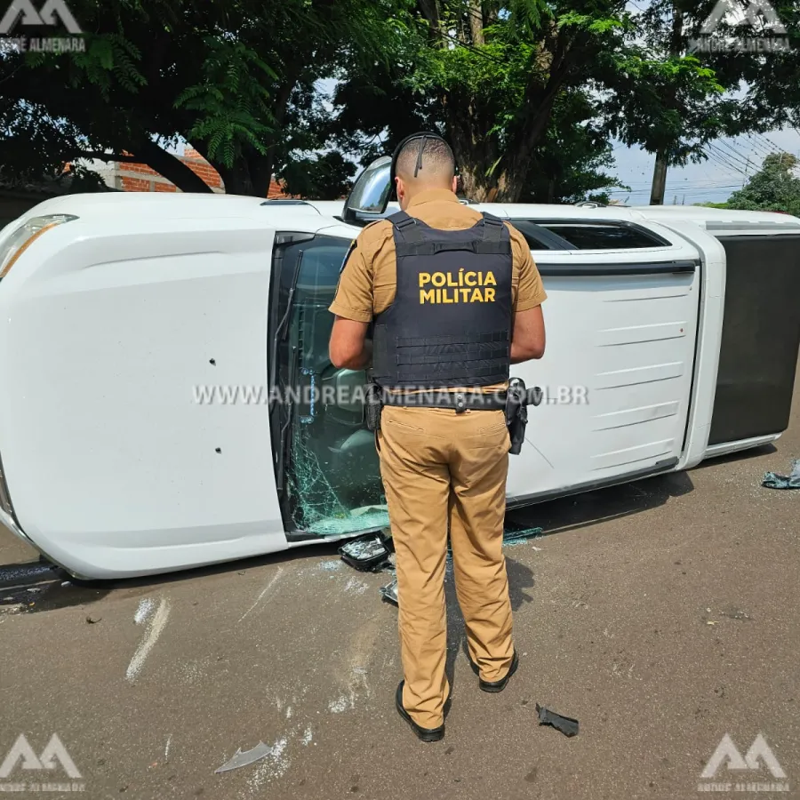 Mulher e crianças são socorridas após capotamento de camionete em Maringá
